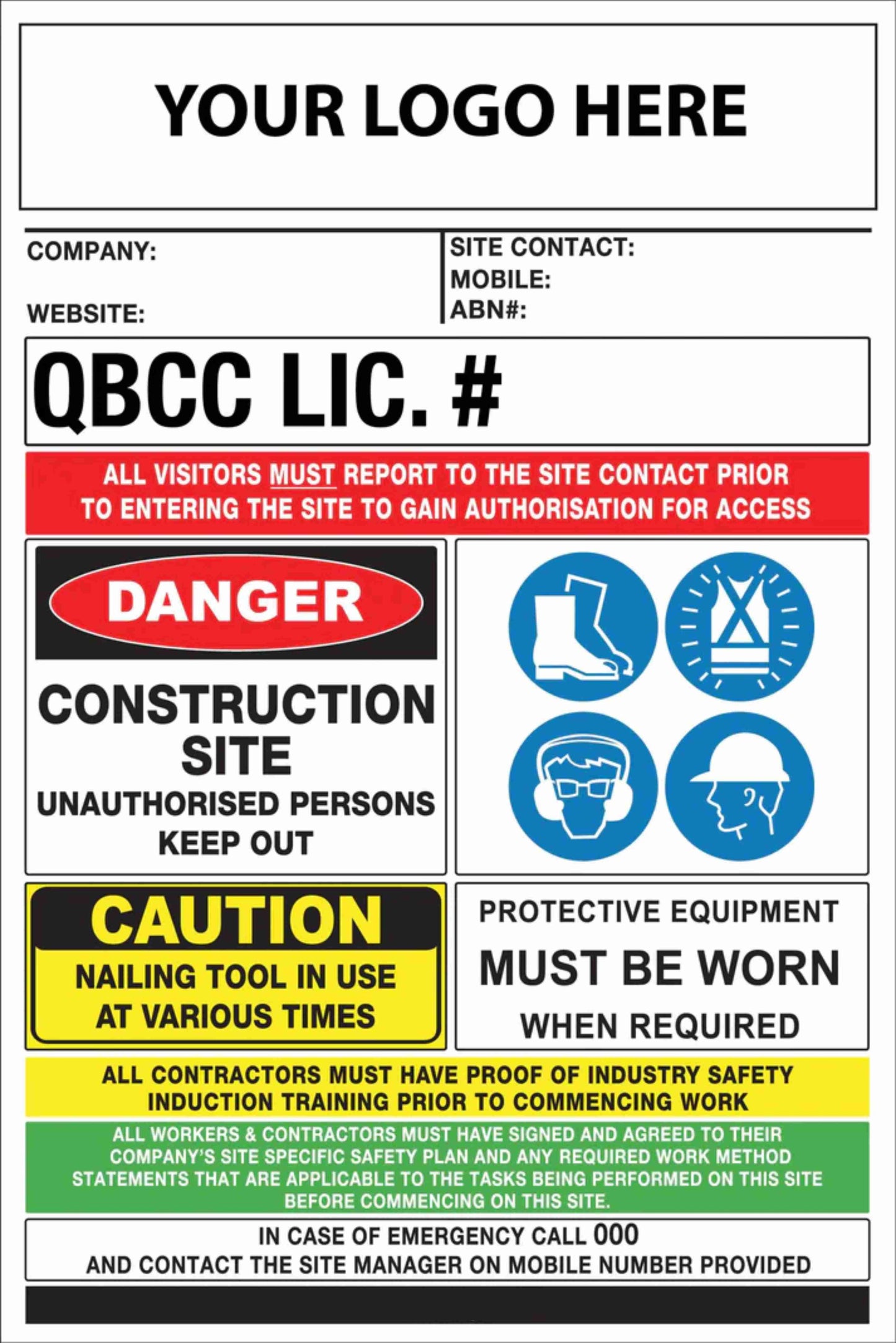 Construction Site Entry Building QLD QBCC Compliant Sign