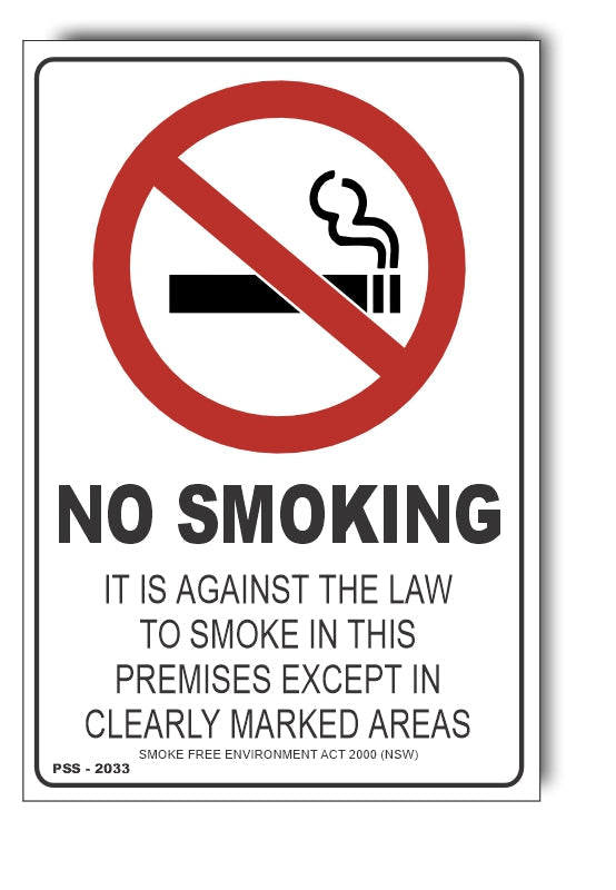 No Smoking, It Is Against The Law To Smoke Except In Marked Areas Sign