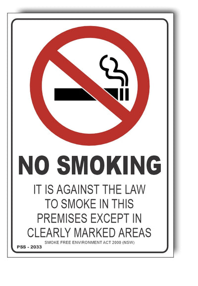 No Smoking, It Is Against The Law To Smoke Except In Marked Areas Sign