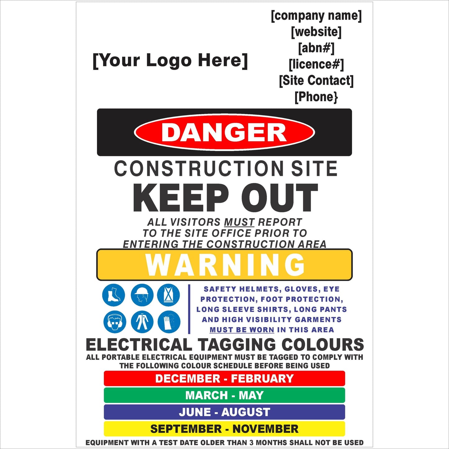 Construction Site Combination Sign – Test And Tag