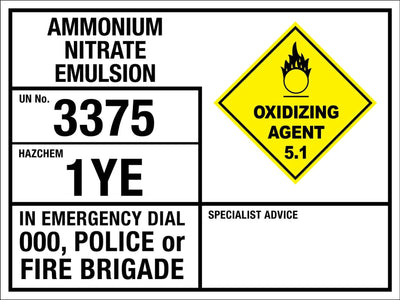 Ammonium Nitrate Emulsion 3375 1YE Emergency Information Sign