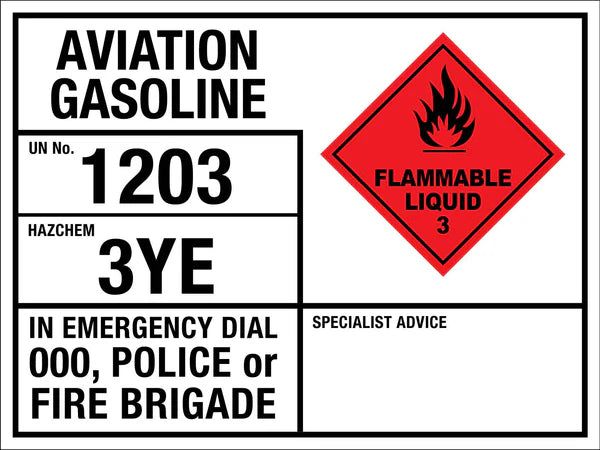 Aviation Gasoline 1203 3YE Emergency Information Sign