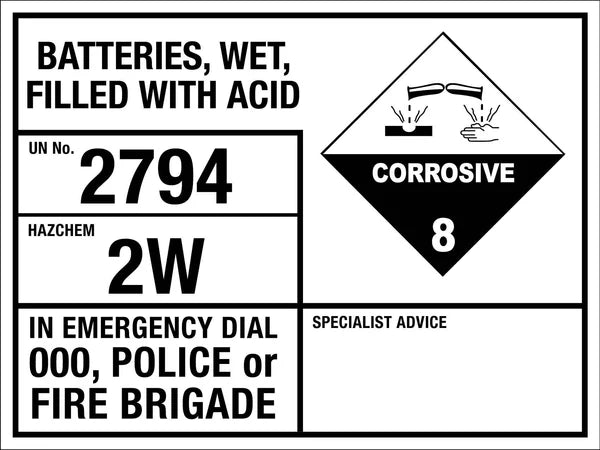 Batteries Wet Filled With Acid 2794 2W Emergency Information Sign