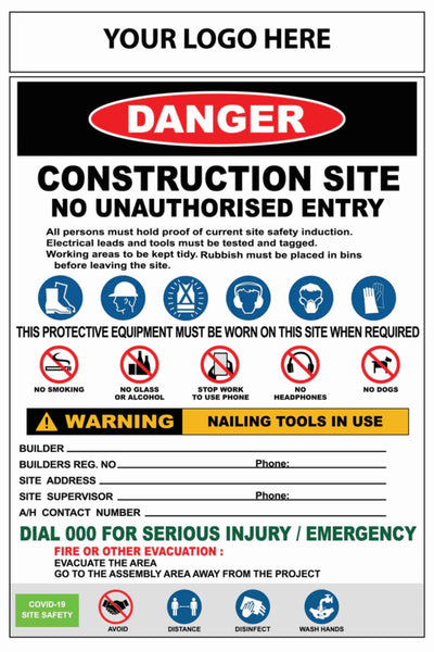 Construction Site Entry Combination and Covid Sign