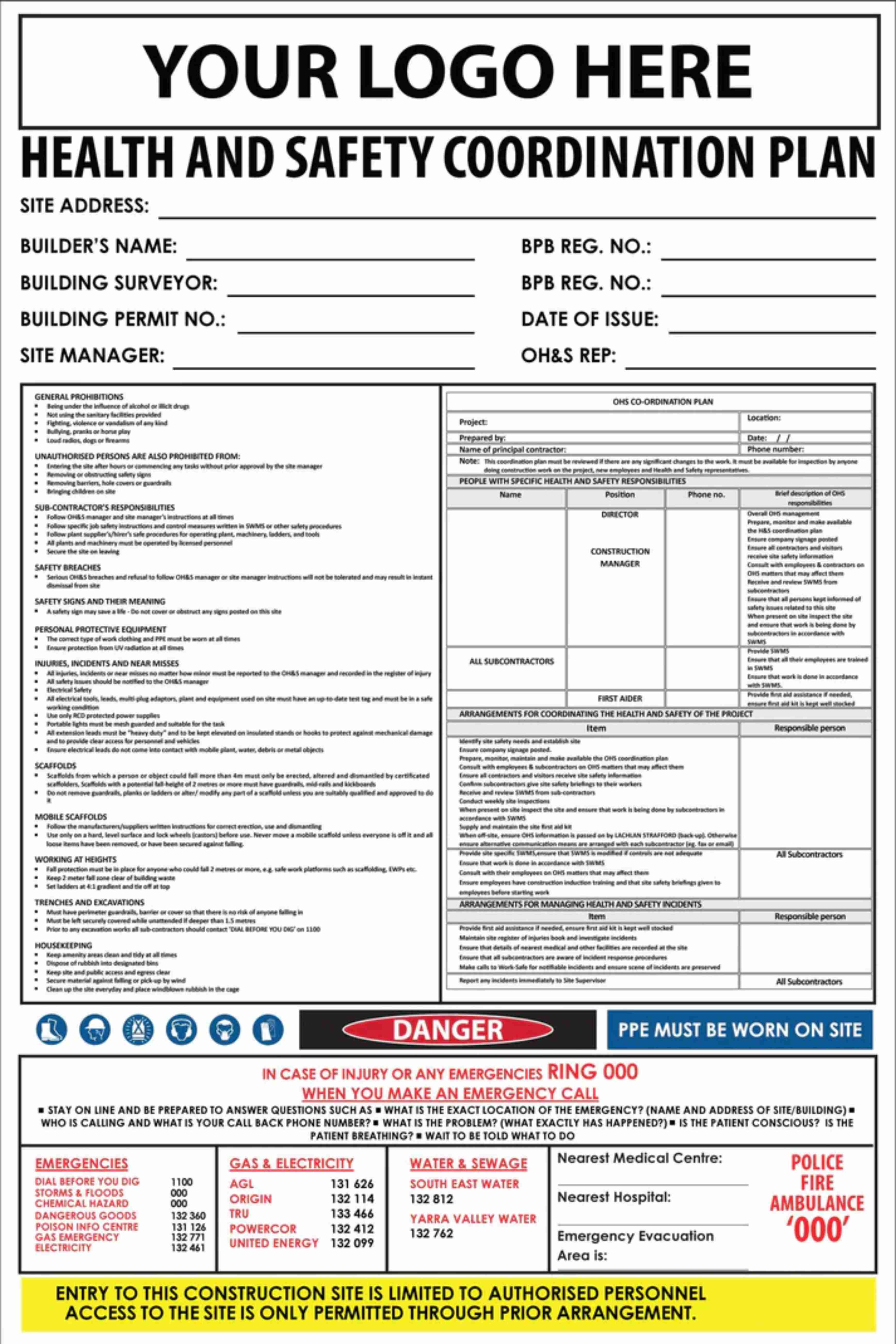 Construction Site Entry Sign Health and Safety Co-Ordination Plan Sign ...