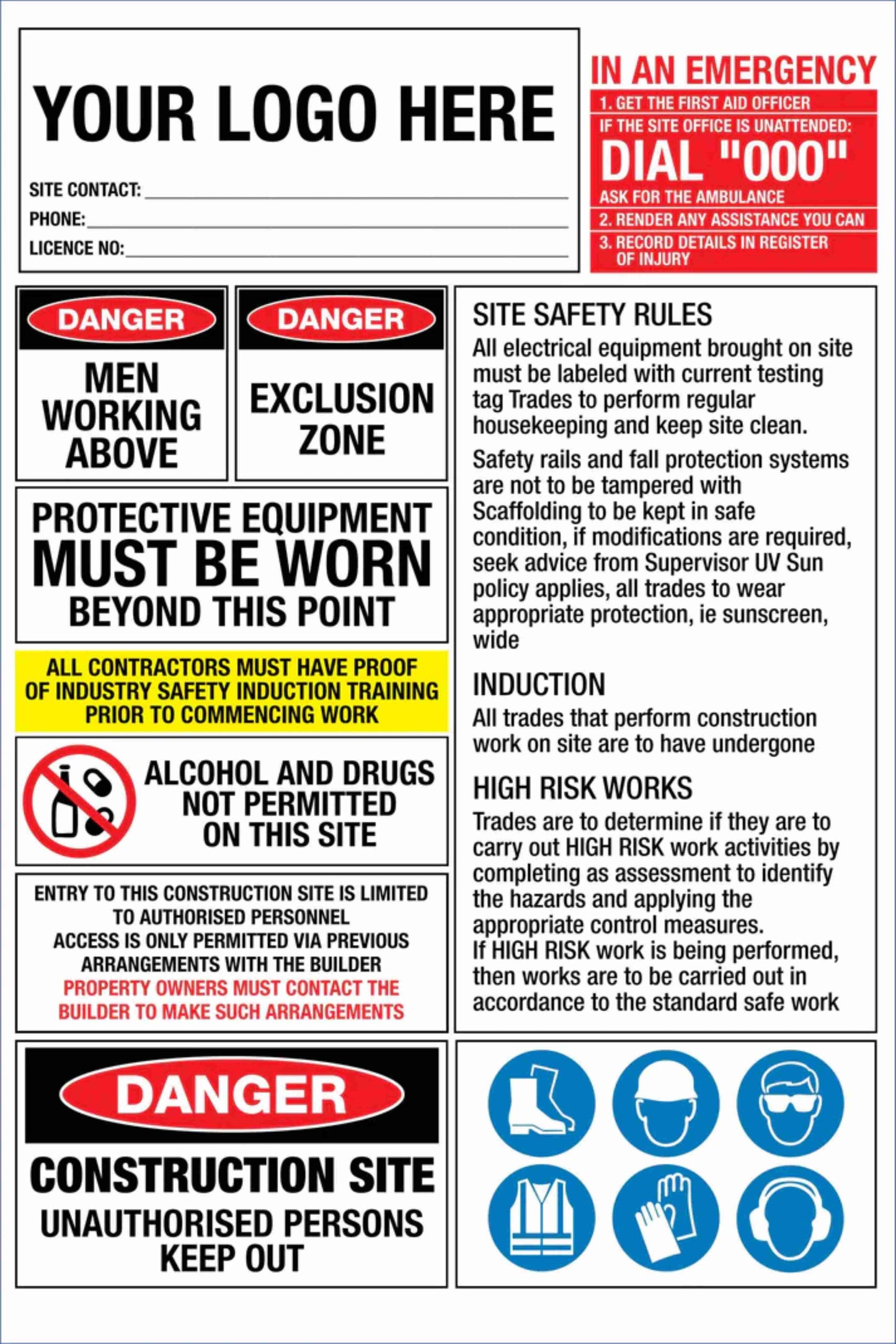 Construction Site Entry High Risk Emergency Logo and Details Sign