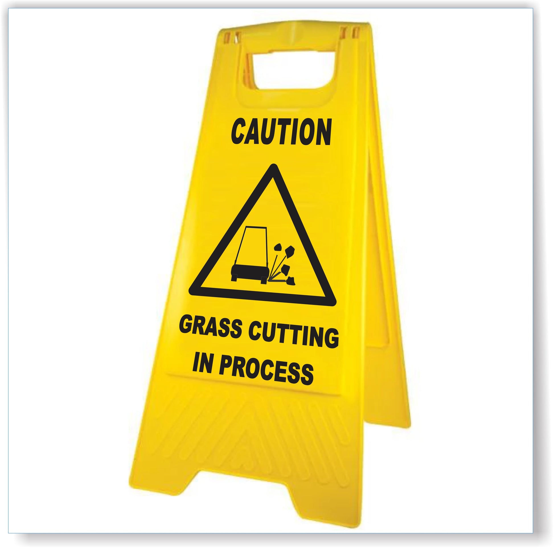 Caution Grass Cutting In Progress Sign Yellow A-Frame Floor Stand