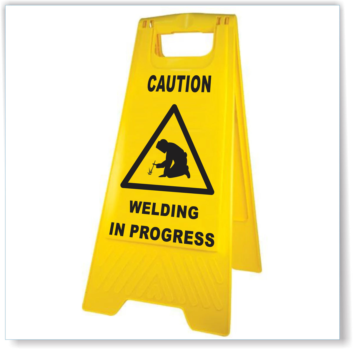 Caution Welding In Progress Sign Yellow A-Frame Floor Stand – Signs4Safety