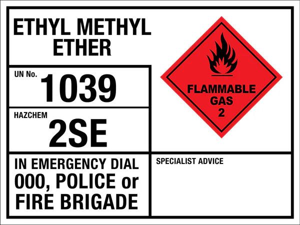 Ethyl Methyl Ether 1039 2SE Emergency Information Sign