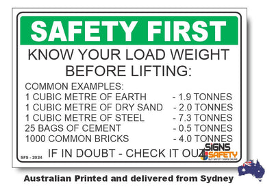 Know Your Load Weight Before Lifting - Safety First Sign