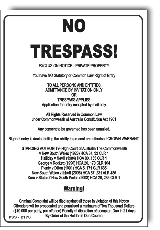 No Trespass - Exclusion Notice - Private Property Sign