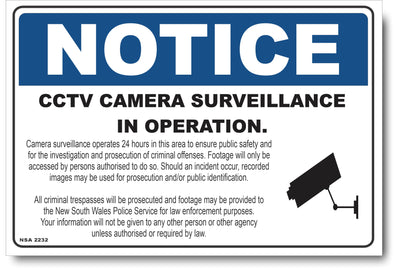 Notice - CCTV Camera Surveillance In Operation - New South Wales Sign