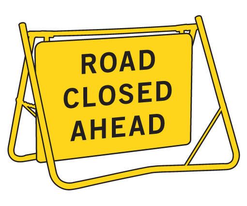 Road Closed Ahead Road Sign - 900 x 600mm - Swing Stand Sign For Road Works