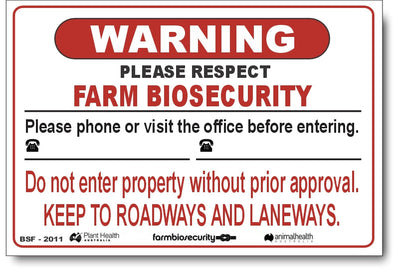 Warning - Please Phone Office Two Numbers - Roadways Biosecurity Sign