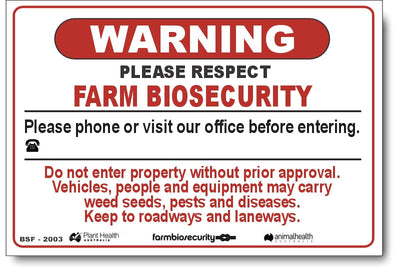 Warning - Please Respect, Keep to Roadways - Farm Biosecurity Sign