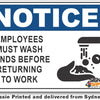 Notice - Employees Must Wash Hands Before Returning To Work Sign