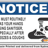 Notice - You Must Routinely Was Your Hands Using Sanitiser, Especially After Sneezes & Coughs Sign