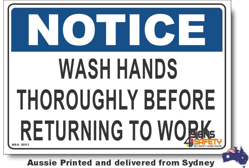 Notice - Wash Hands Thoroughly Before Returning To Work Sign