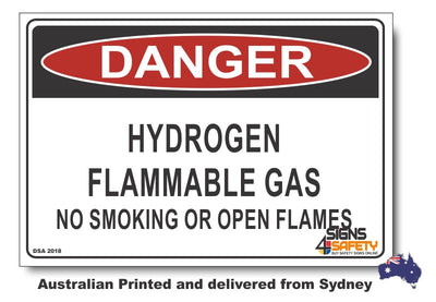 Danger Hydrogen Flammable Gas. No Smoking Or Open Flames Sign