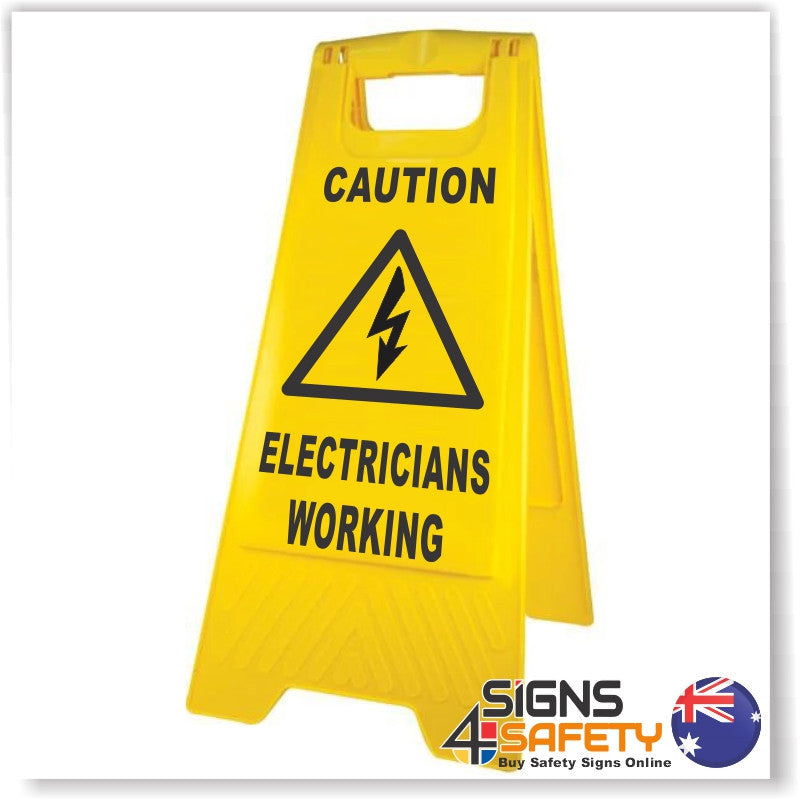 Caution Electricians Working Sign Yellow A-Frame Floor Stand – Signs4Safety