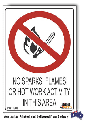 No Sparks, Flames Or Hot Work Activity In This Area Prohibited Sign