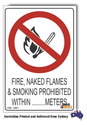 Fire, Naked Flames, Smoking Prohibited Within ... Meters Sign