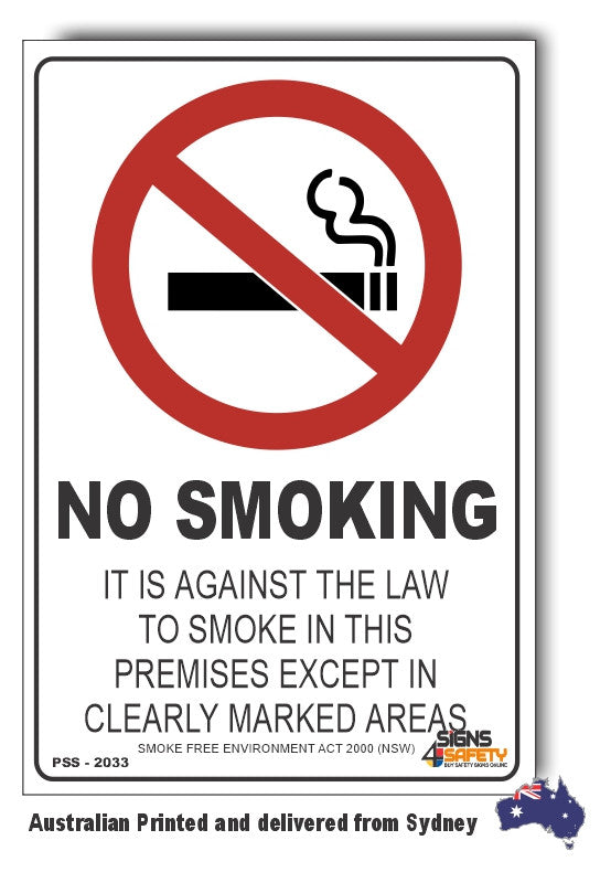 No Smoking, It Is Against The Law To Smoke Except In Marked Areas Sign
