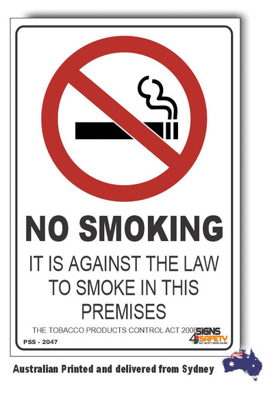 No Smoking, Its Against The Law In This Premises, Tabacco Products Control Act 2006 (WA) Sign
