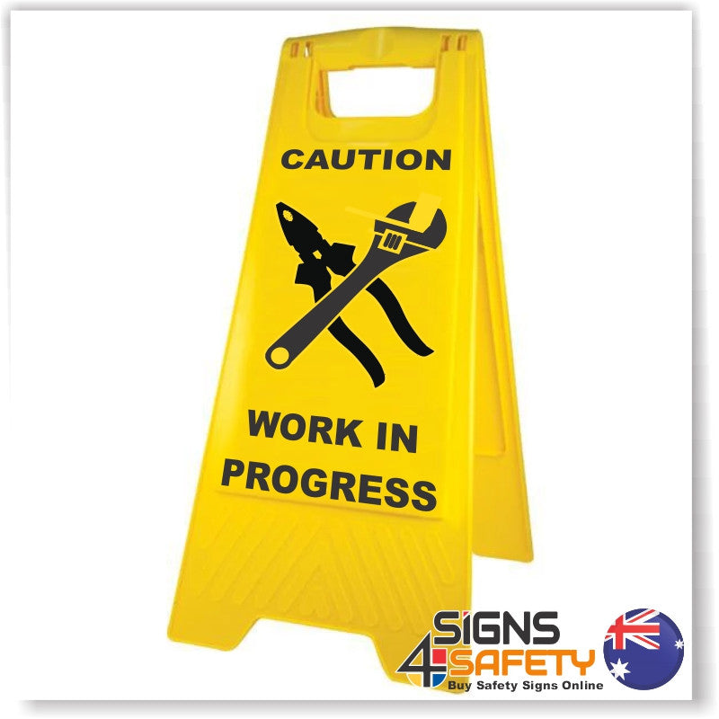 Caution Work In Progress Floor Sign / Stand Yellow Polypropylene