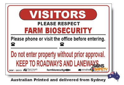 Visitors - Please Phone Office Two Numbers - Farm Biosecurity Sign