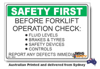 Before Forklift Operation Check - Safety First Sign