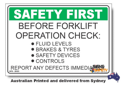 Before Forklift Operation Check - Safety First Sign