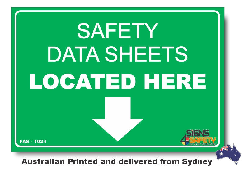 Safety Data Sheets Located Here - Arrow Down Sign