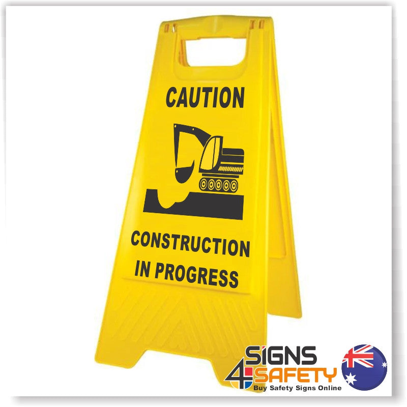 Caution Construction In Progress Sign / Stand Yellow Polypropylene