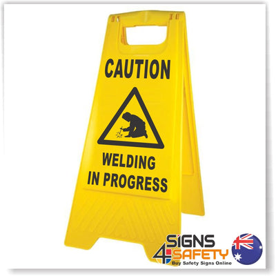 Caution Welding In Progress Sign / Stand Yellow Polypropylene