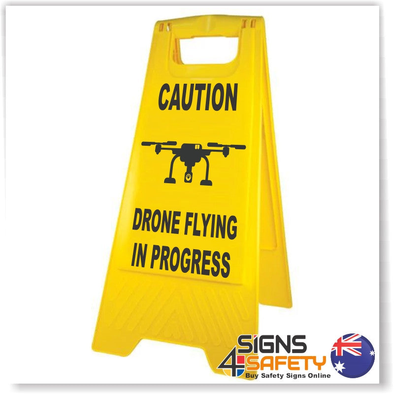 Caution Drone Flying In Progress Sign / Stand Yellow Polypropylene