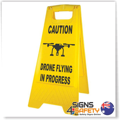 Caution Drone Flying In Progress Sign / Stand Yellow Polypropylene
