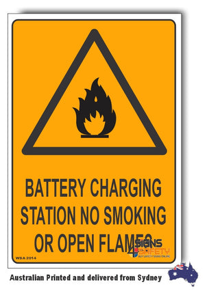 Battery Charging Station, No Smoking Or Open Flames Warning Sign